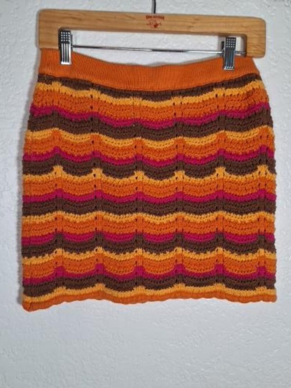 Cotton On Crochet Mini Skirt S Orange Brown Pink Wave Stripe Scallop Boho